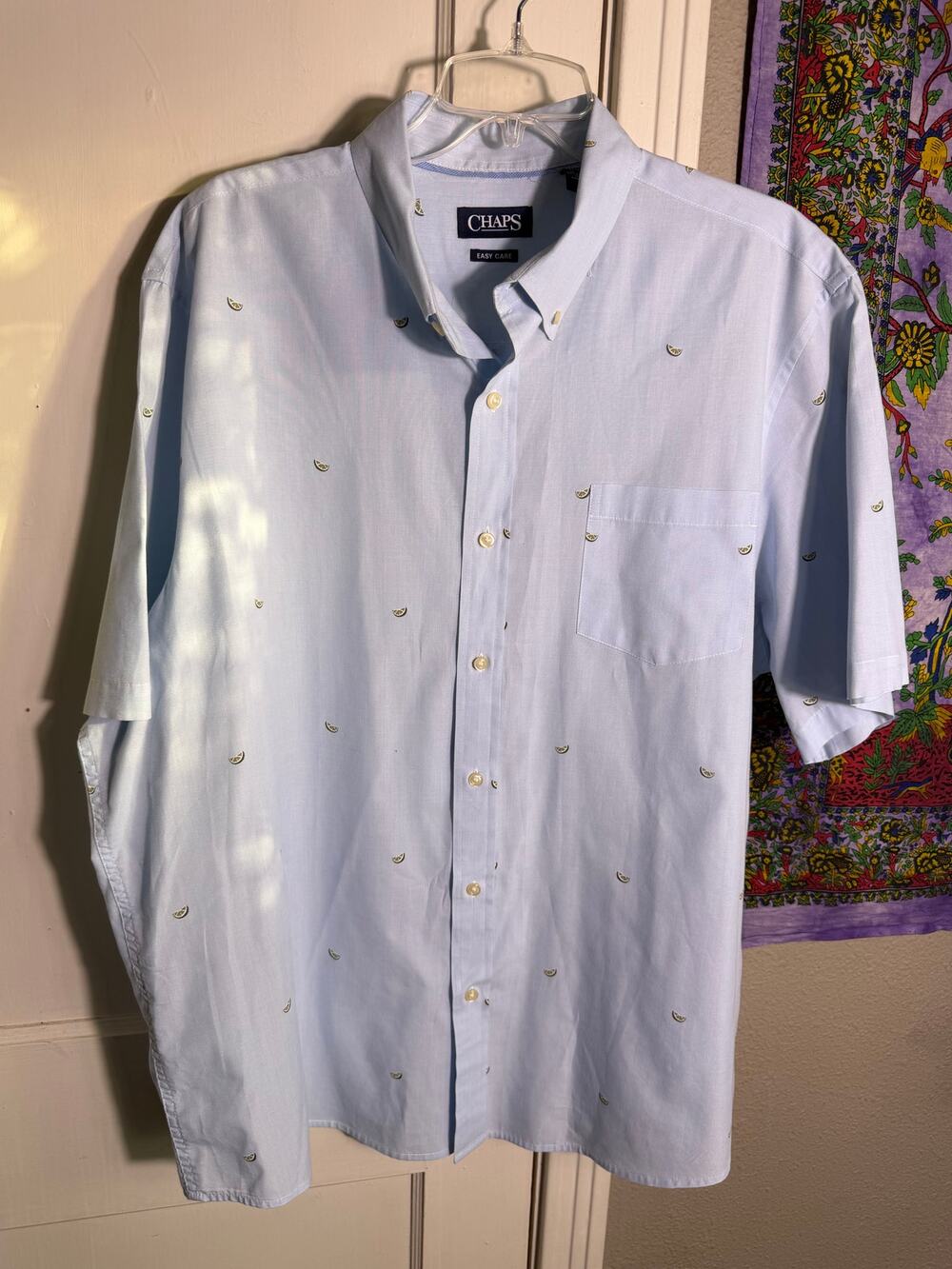 Chaps Mens XXL Blue Lemon Lime Print Shirt Short Sleeve Button Down Preppy